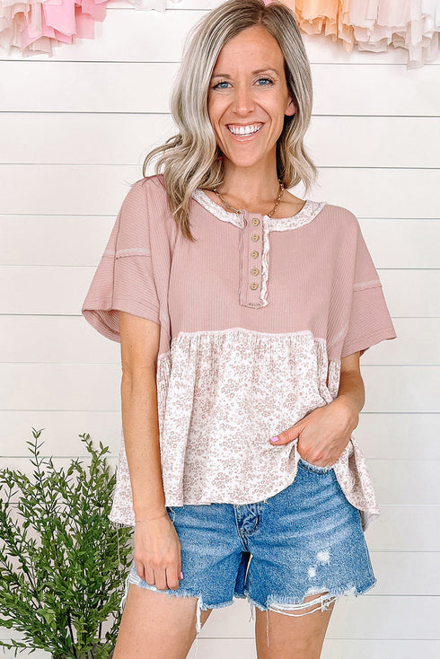 Waffle Knit Floral Patchwork Exposed Seam Short Sleeve Top
