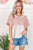 Waffle Knit Floral Patchwork Exposed Seam Short Sleeve Top