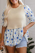 Waffle Knit Floral Patchwork Flounce Sleeve Blouse