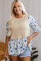 Waffle Knit Floral Patchwork Flounce Sleeve Blouse