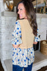 Waffle Knit Floral Patchwork Flounce Sleeve Blouse