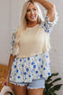 Waffle Knit Floral Patchwork Flounce Sleeve Blouse