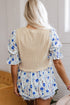 Waffle Knit Floral Patchwork Flounce Sleeve Blouse