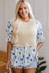Waffle Knit Floral Patchwork Flounce Sleeve Blouse