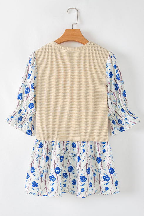 Waffle Knit Floral Patchwork Flounce Sleeve Blouse
