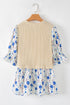 Waffle Knit Floral Patchwork Flounce Sleeve Blouse