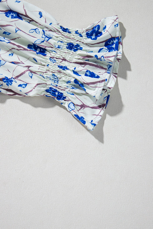 Waffle Knit Floral Patchwork Flounce Sleeve Blouse