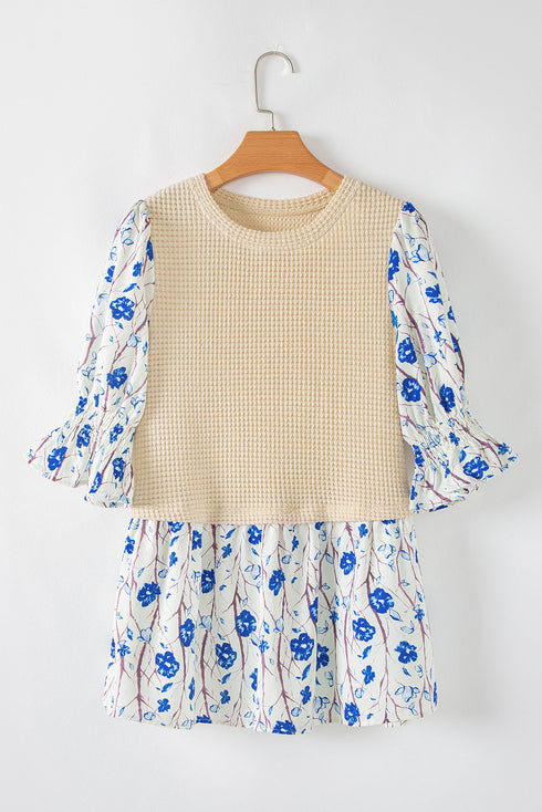 Waffle Knit Floral Patchwork Flounce Sleeve Blouse