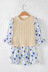Waffle Knit Floral Patchwork Flounce Sleeve Blouse