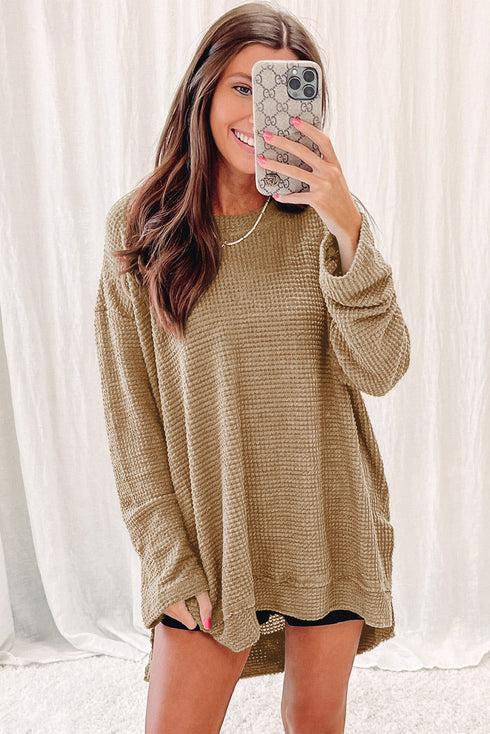 Waffle Knit High Slits Oversized Top