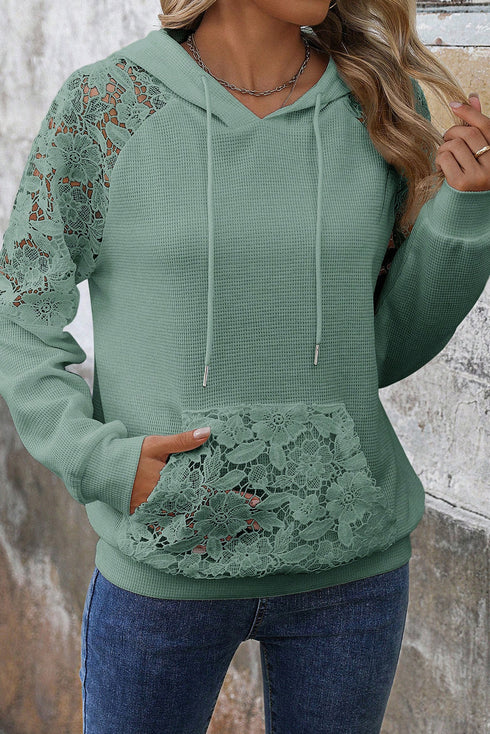 Waffle Knit Lace Patchwork Raglan Sleeve Drawstring Hoodie