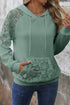 Waffle Knit Lace Patchwork Raglan Sleeve Drawstring Hoodie