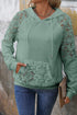 Waffle Knit Lace Patchwork Raglan Sleeve Drawstring Hoodie