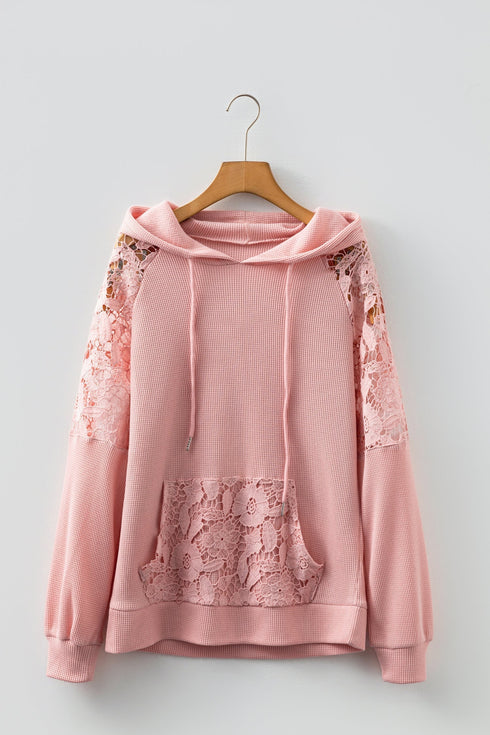 Waffle Knit Lace Patchwork Raglan Sleeve Drawstring Hoodie