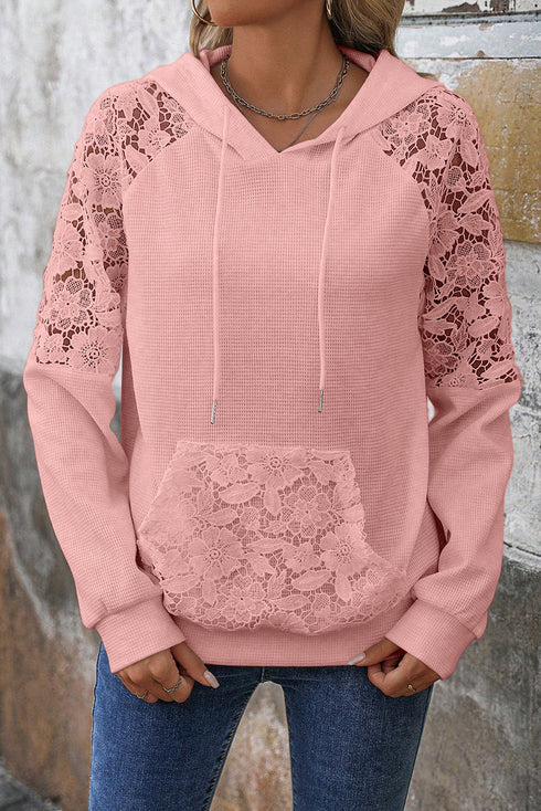 Waffle Knit Lace Patchwork Raglan Sleeve Drawstring Hoodie