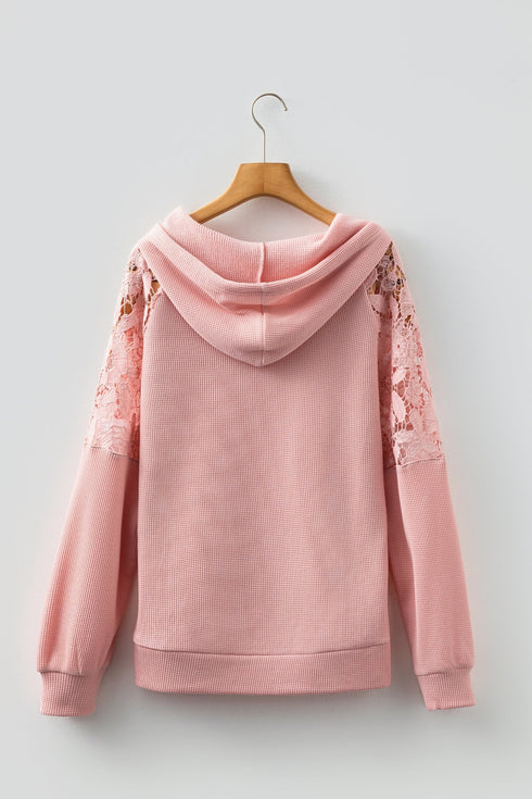 Waffle Knit Lace Patchwork Raglan Sleeve Drawstring Hoodie