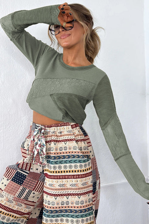 Waffle Knit Lace Patchwork V Neck Top