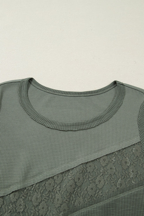 Waffle Knit Lace Patchwork V Neck Top