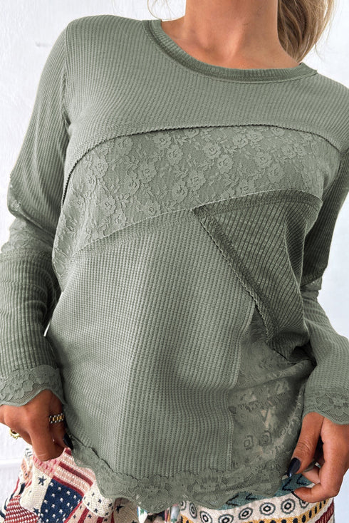Waffle Knit Lace Patchwork V Neck Top