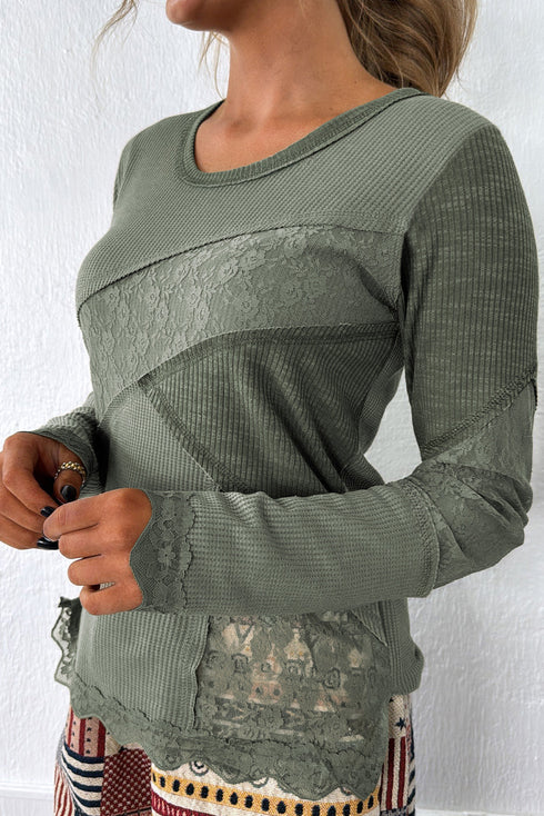 Waffle Knit Lace Patchwork V Neck Top