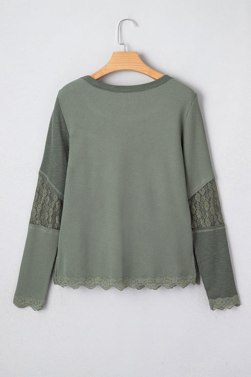 Waffle Knit Lace Patchwork V Neck Top