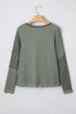Waffle Knit Lace Patchwork V Neck Top
