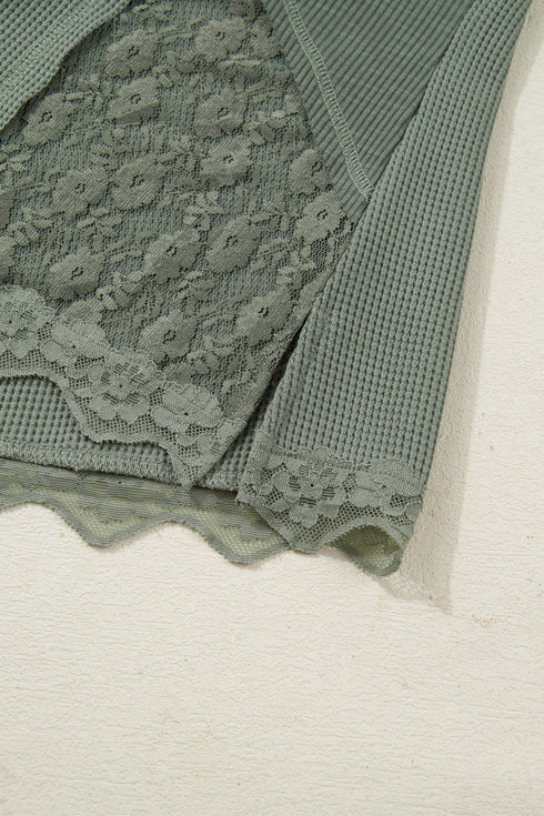 Waffle Knit Lace Patchwork V Neck Top