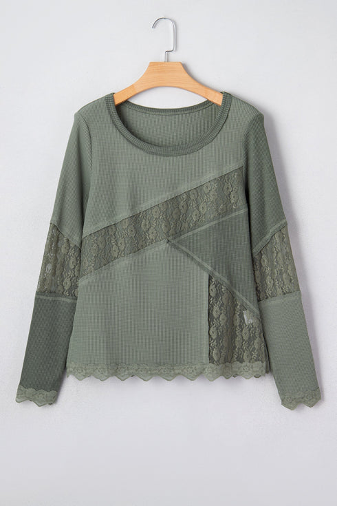 Waffle Knit Lace Patchwork V Neck Top
