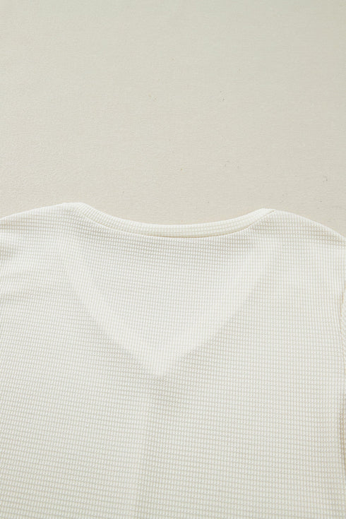Waffle Knit Lace Trim Ruched Cuff Long Sleeve Top