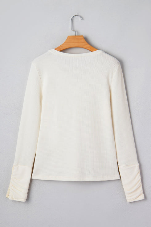 Waffle Knit Lace Trim Ruched Cuff Long Sleeve Top