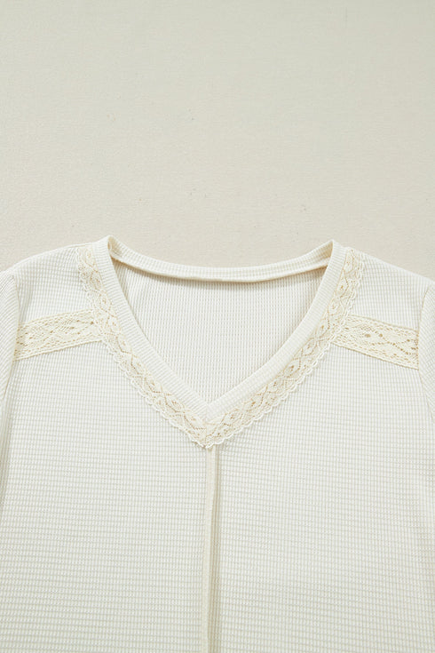 Waffle Knit Lace Trim Ruched Cuff Long Sleeve Top
