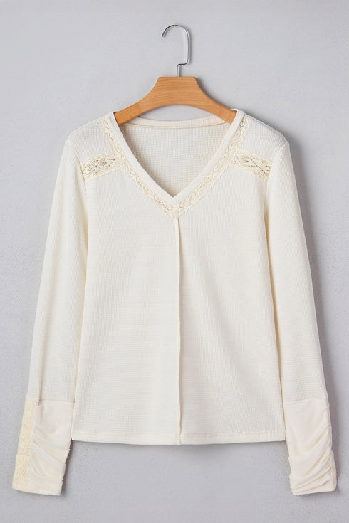 Waffle Knit Lace Trim Ruched Cuff Long Sleeve Top