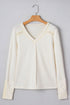 Waffle Knit Lace Trim Ruched Cuff Long Sleeve Top