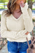Waffle Knit Lace Trim Ruched Cuff Long Sleeve Top
