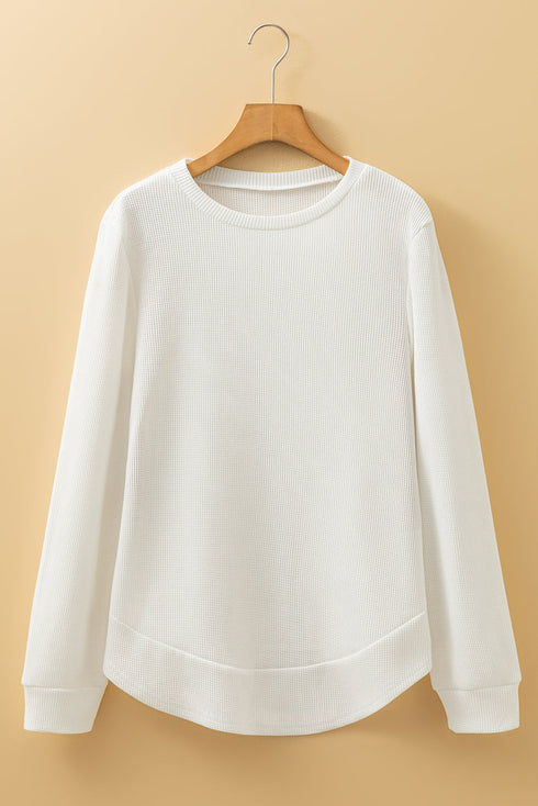 Waffle Knit Long Sleeve Textured Rounded Hem Casual Top