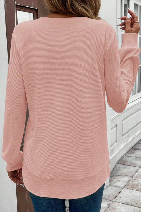 Waffle Knit Long Sleeve Textured Rounded Hem Casual Top