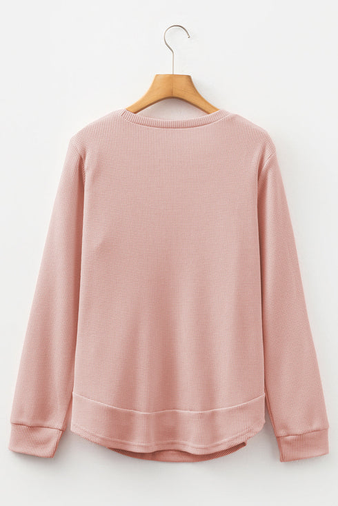 Waffle Knit Long Sleeve Textured Rounded Hem Casual Top