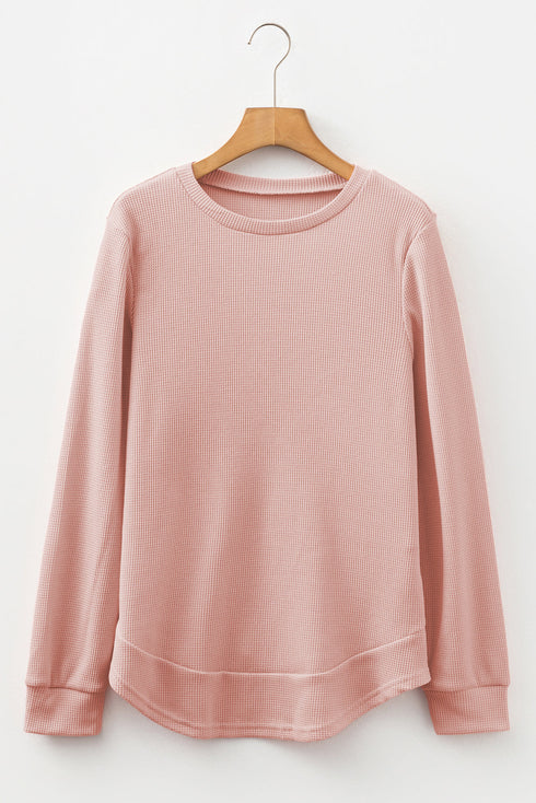 Waffle Knit Long Sleeve Textured Rounded Hem Casual Top