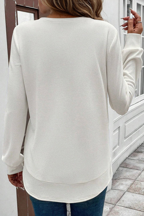 Waffle Knit Long Sleeve Textured Rounded Hem Casual Top