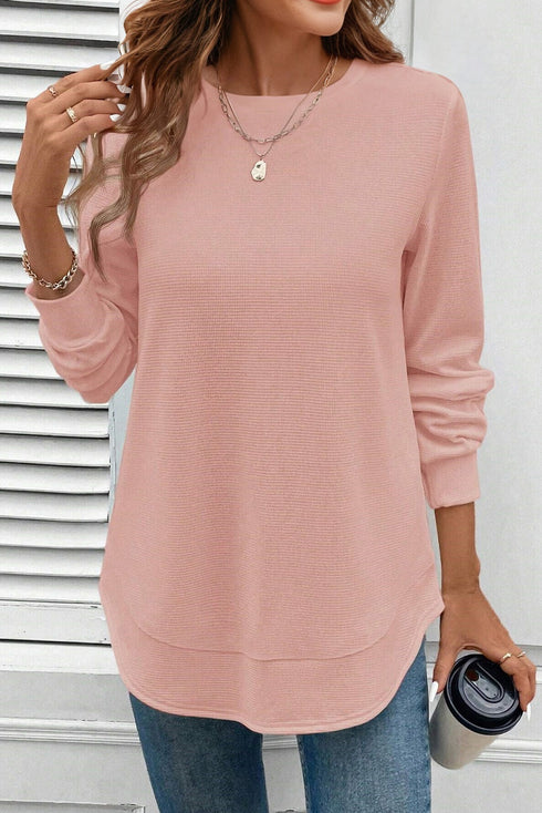 Waffle Knit Long Sleeve Textured Rounded Hem Casual Top