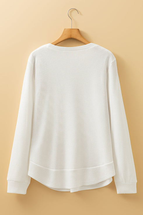 Waffle Knit Long Sleeve Textured Rounded Hem Casual Top