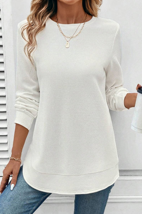 Waffle Knit Long Sleeve Textured Rounded Hem Casual Top