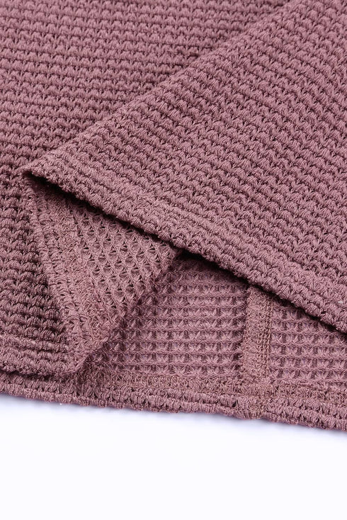 Waffle Knit Loose Fit V Neck Long Sleeve Top