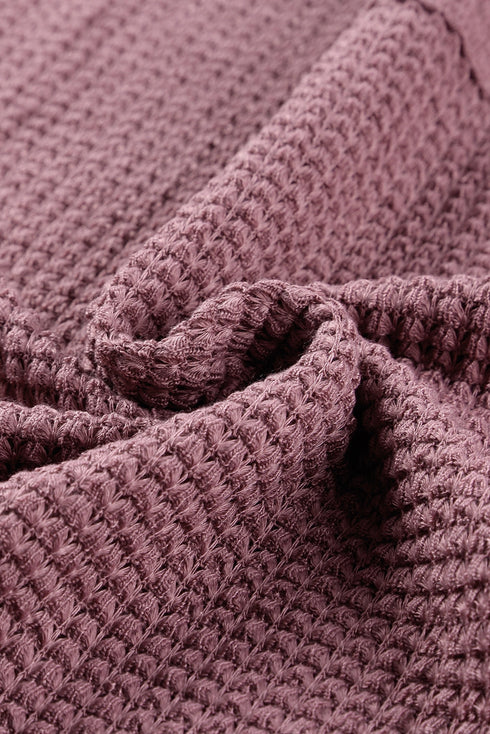 Waffle Knit Loose Fit V Neck Long Sleeve Top