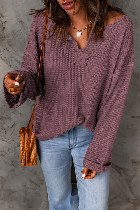 Waffle Knit Loose Fit V Neck Long Sleeve Top