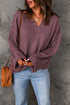 Waffle Knit Loose Fit V Neck Long Sleeve Top