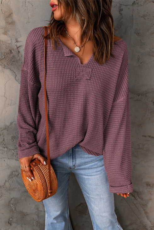 Waffle Knit Loose Fit V Neck Long Sleeve Top