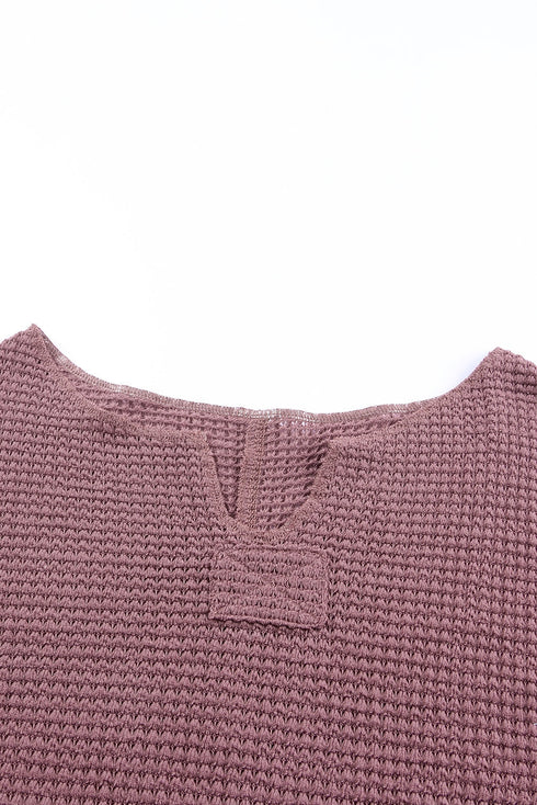 Waffle Knit Loose Fit V Neck Long Sleeve Top