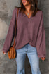 Waffle Knit Loose Fit V Neck Long Sleeve Top
