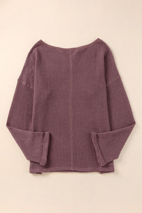 Waffle Knit Loose Fit V Neck Long Sleeve Top